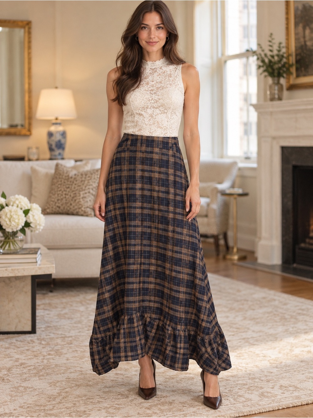 BLANK Navy Brown Plaid Ruffle Maxi Skirt Small
